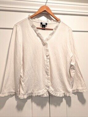 STUDIO 1940 Women's White Ruffle-Trim Cardigan Sweater Size Medium